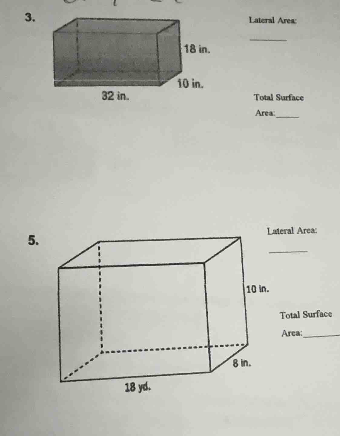 3. lateral area: total surface area: 5. lateral area: total surface are…