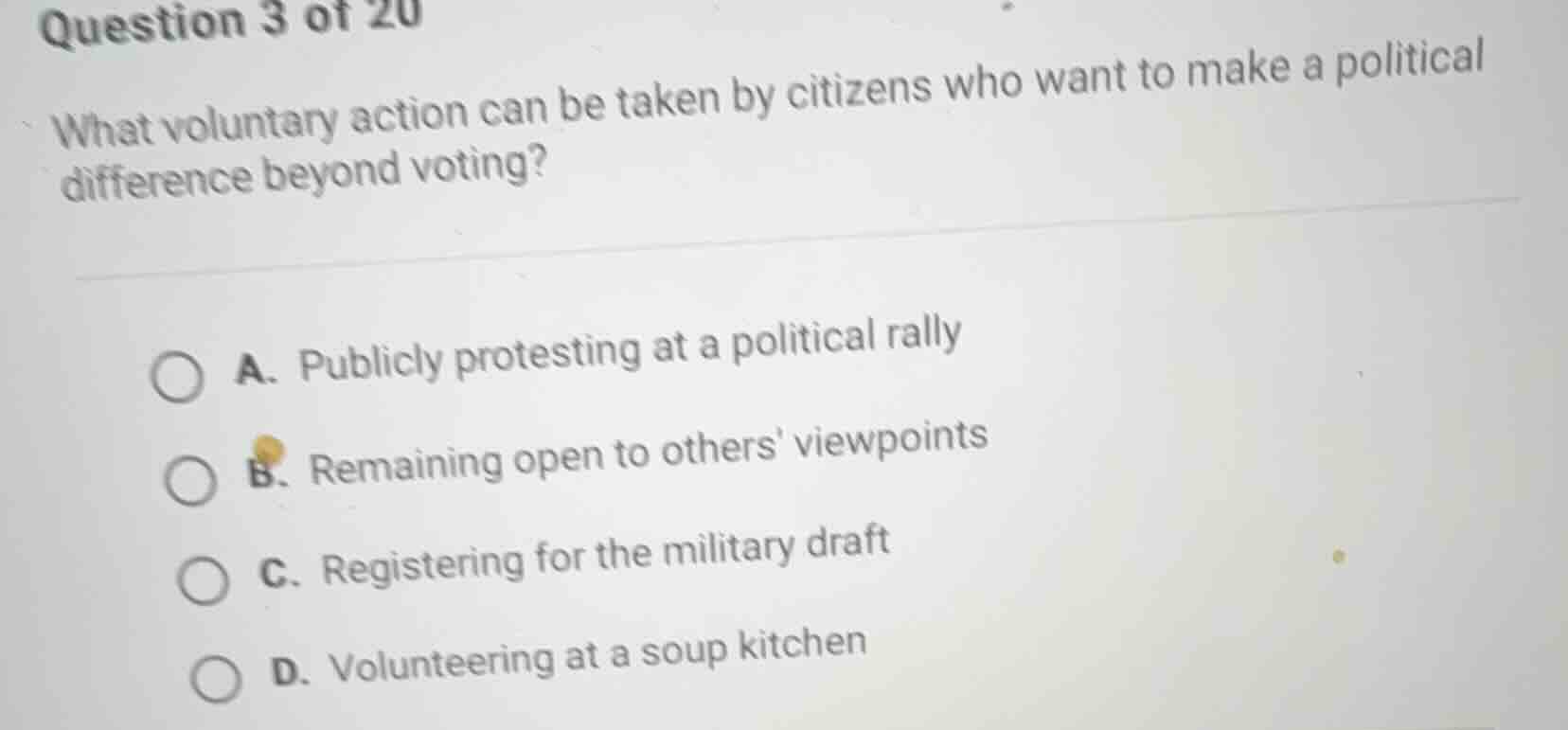 question 3 of 20 what voluntary action can be taken by citizens who wan…