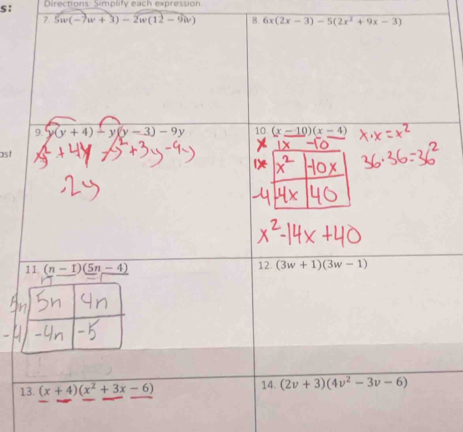 directions: simplify each expression. 7. $5w(-7w + 3) - 2w(12 - 9w)$ 8.…