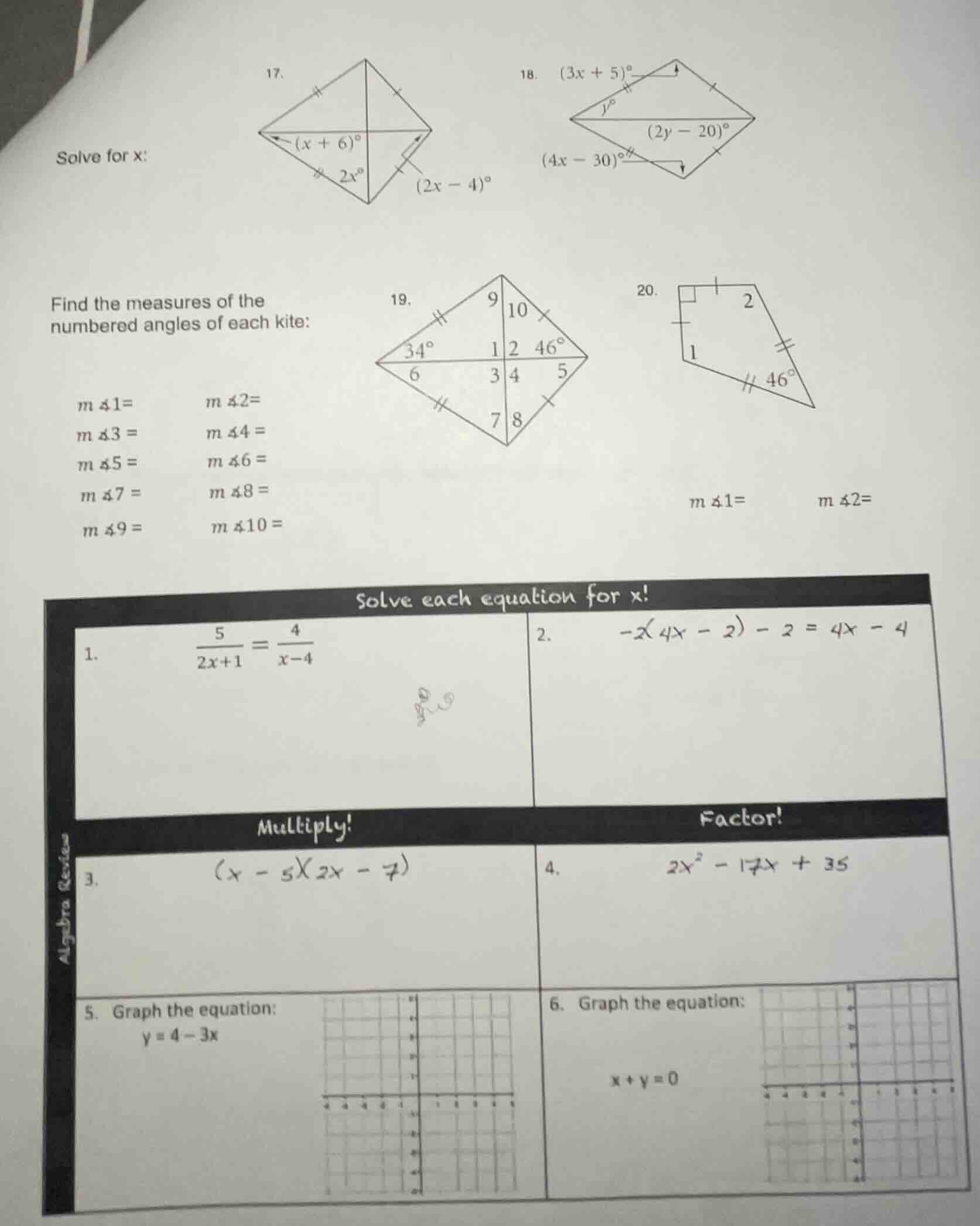 solve for x: 17. (diagram of a kite with angles ((x + 6)^circ), (2x^cir…