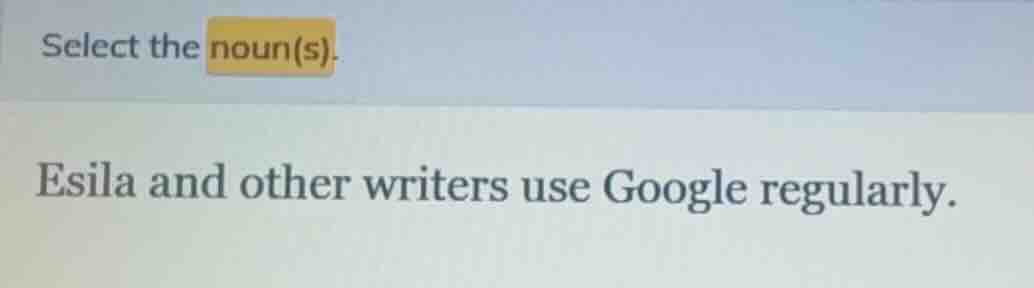 select the noun(s). esila and other writers use google regularly.
