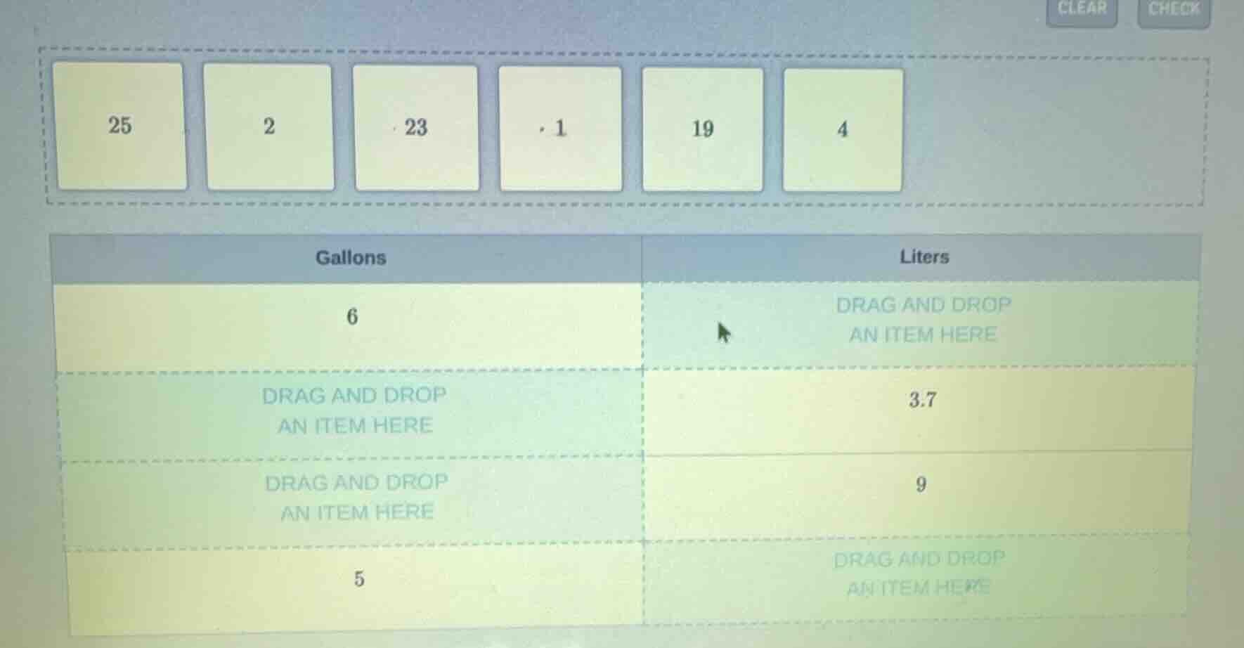 25, 2, 23, 1, 19, 4; gallons and liters table: 6 gallons (drag and drop…