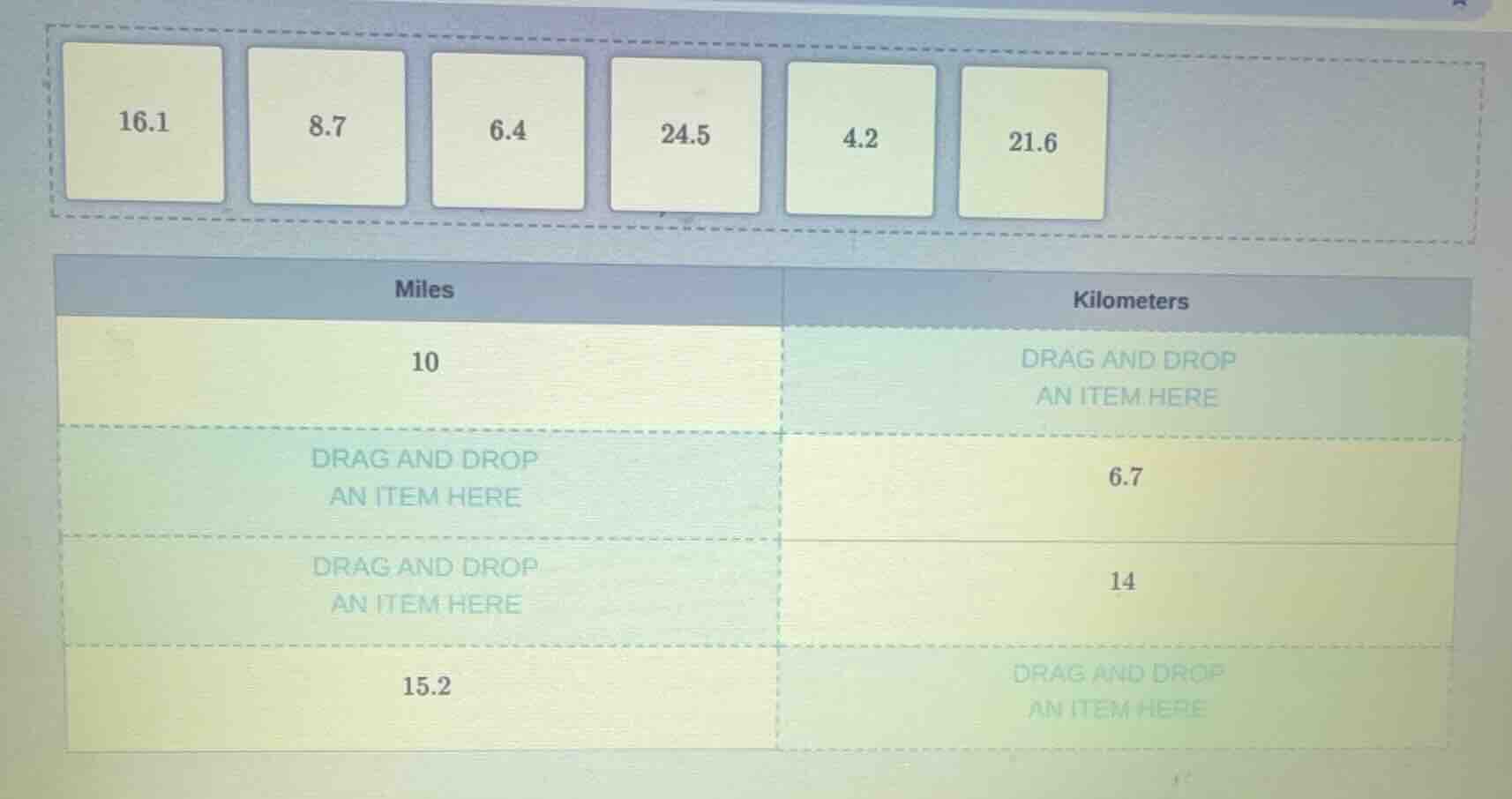 16.1, 8.7, 6.4, 24.5, 4.2, 21.6; miles - kilometers table: miles 10, ki…