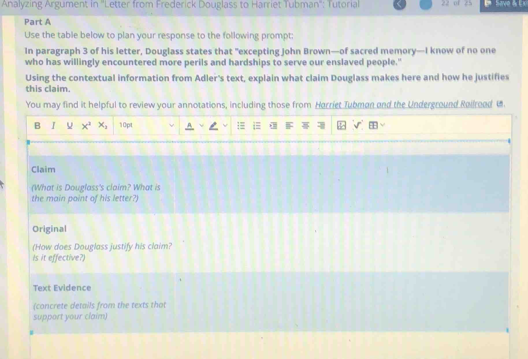 analyzing argument in \letter from frederick douglass to harriet tubman…