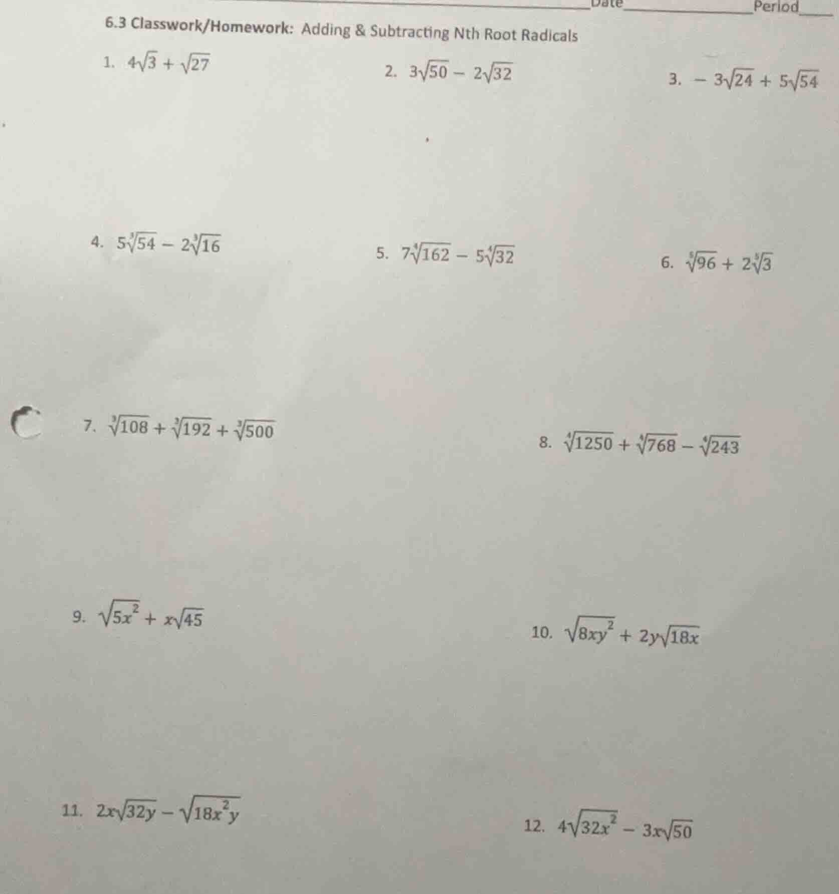 6.3 classwork/homework: adding & subtracting nth root radicals 1. $4\\s…