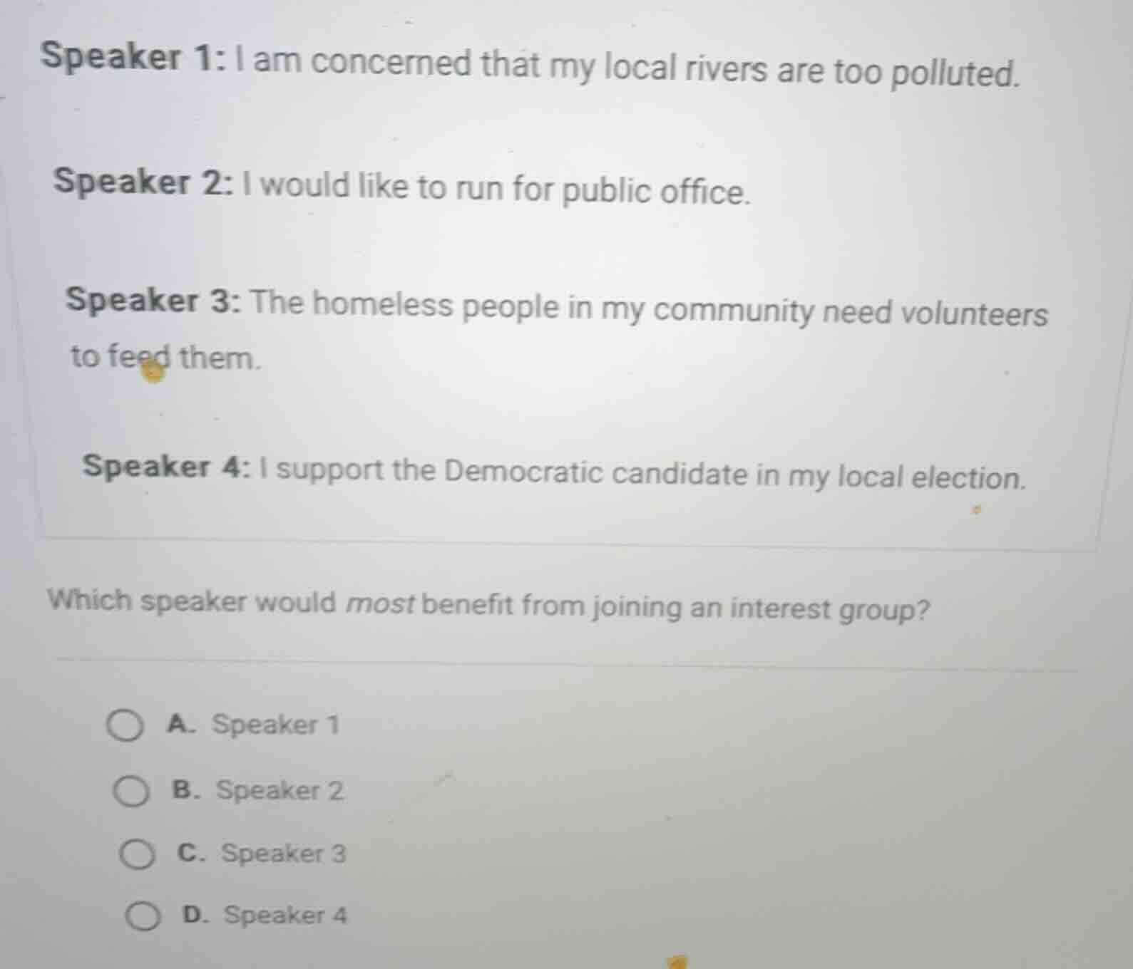 speaker 1: i am concerned that my local rivers are too polluted. speake…