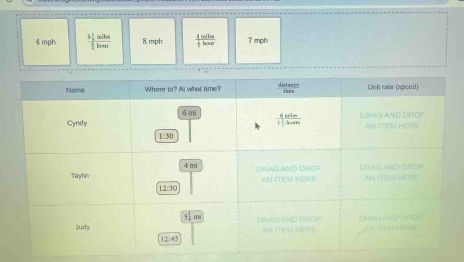 4 mph, \\(\\frac{5\\frac{1}{4} \\text{ miles}}{\\frac{3}{4} \\text{ hou…