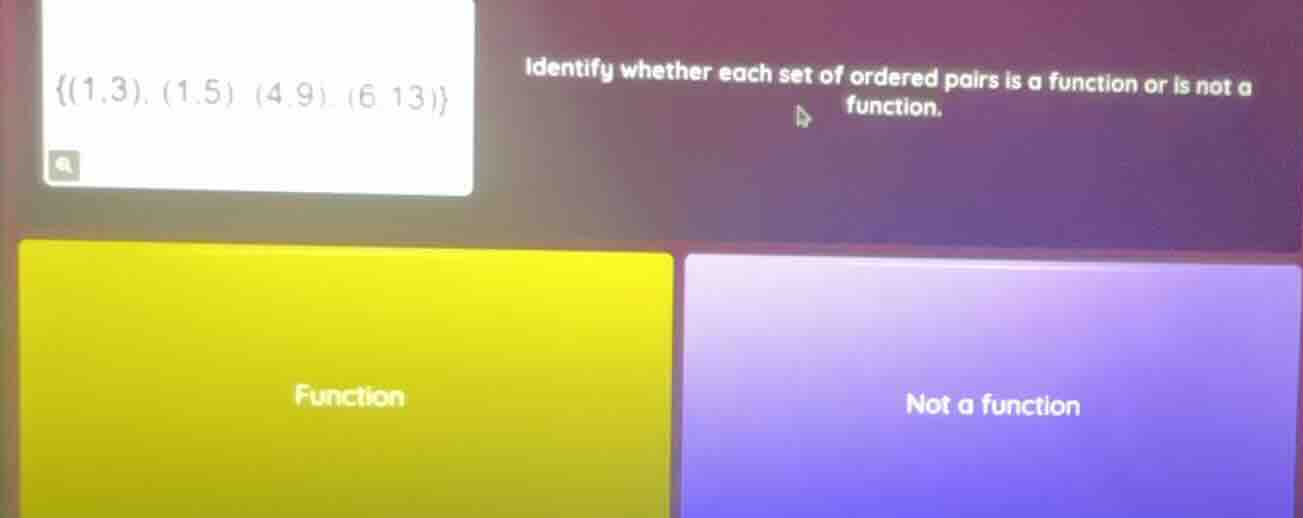 identify whether each set of ordered pairs is a function or is not a fu…