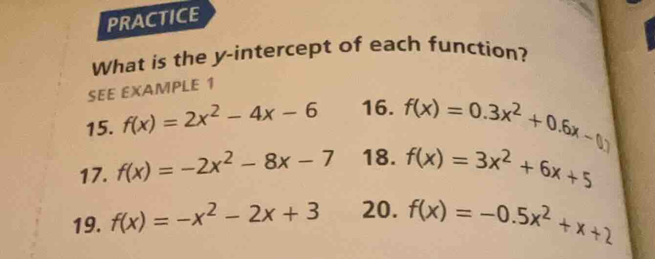 practice what is the y-intercept of each function? see example 1 15. $f…