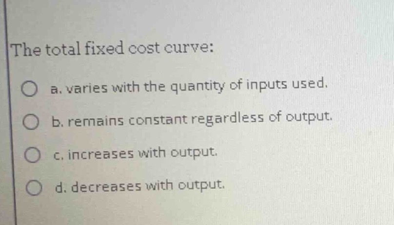 the total fixed cost curve: a. varies with the quantity of inputs used.…