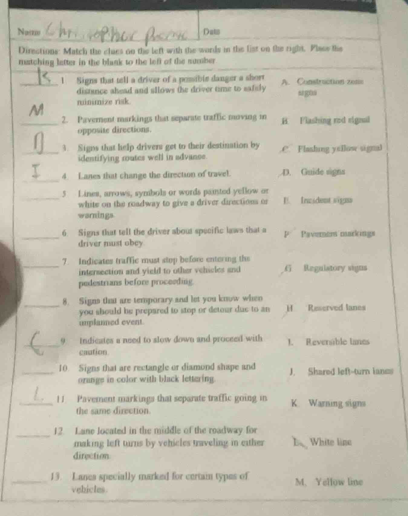 name date directions: match the clues on the left with the words in the…