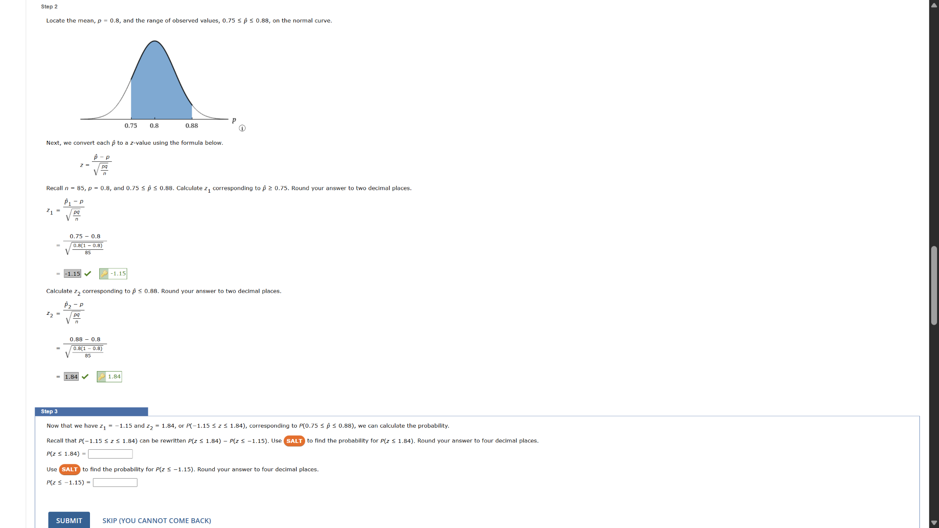 step 2 locate the mean, ( p = 0.8 ), and the range of observed values, …