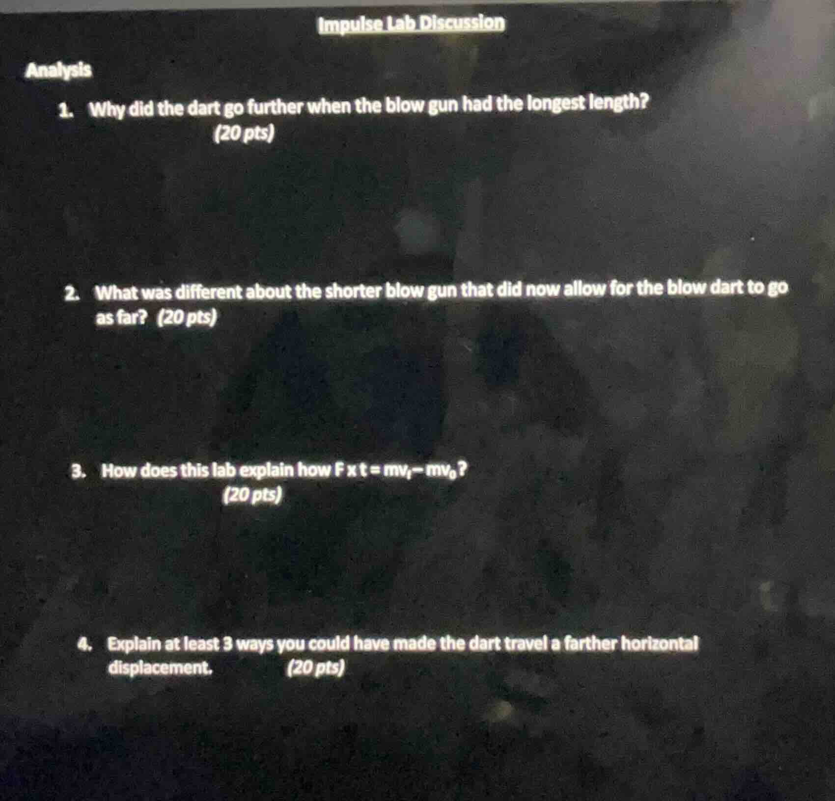 impulse lab discussion analysis 1. why did the dart go further when the…