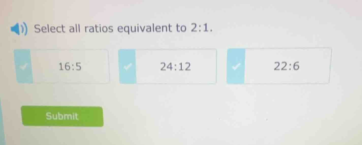 select all ratios equivalent to 2:1. 16:5 24:12 22:6 submit