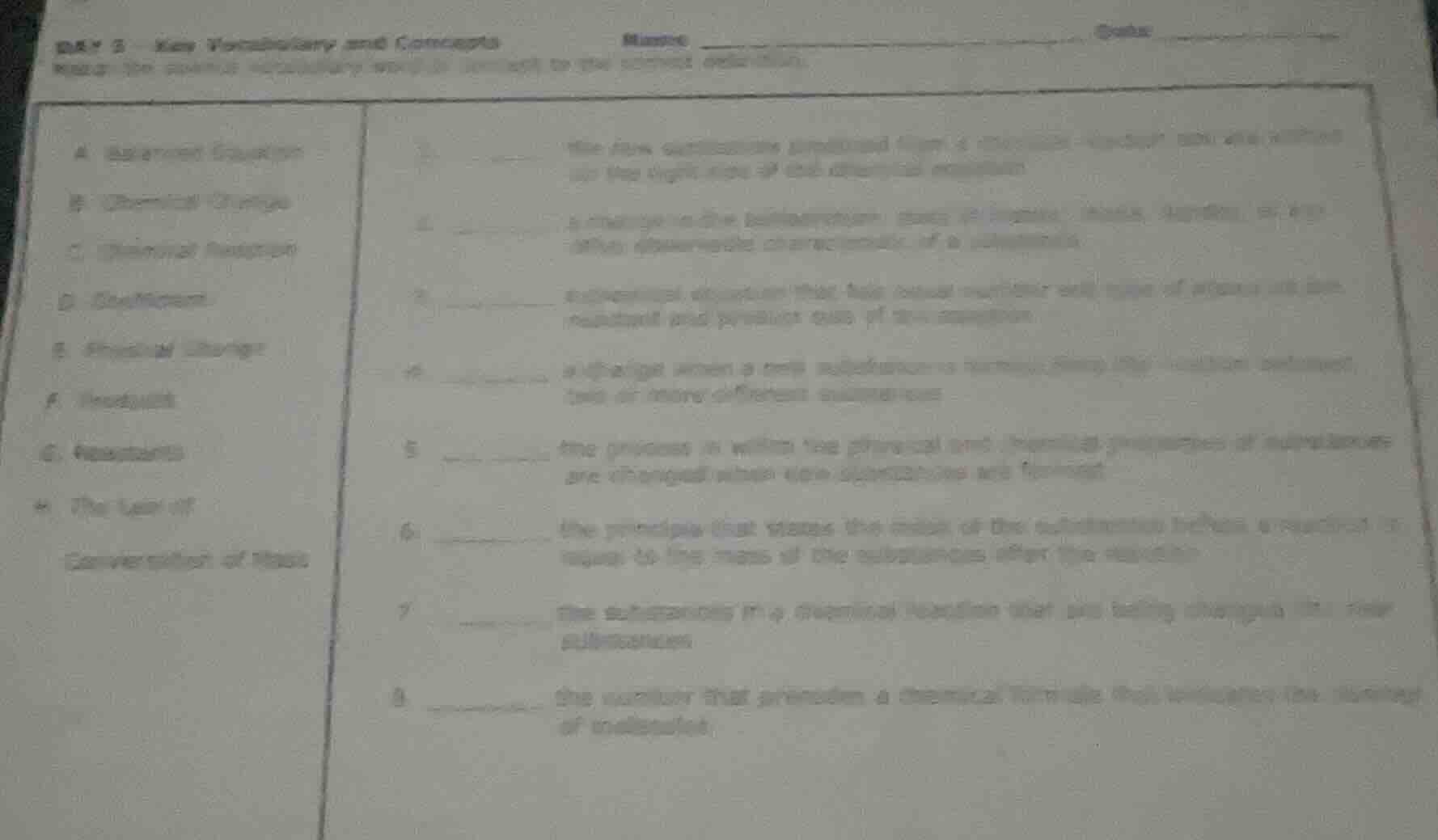 day 5 new vocabulary and concepts name date match the science vocabular…
