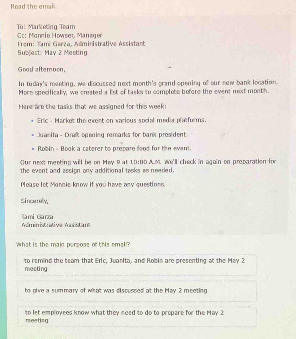 read the email. to: marketing team cc: monnie howser, manager from: tam…