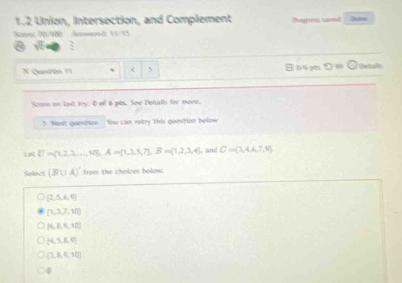 1.2 union, intersection, and complement score: 70/100 answered: 11/15 q…