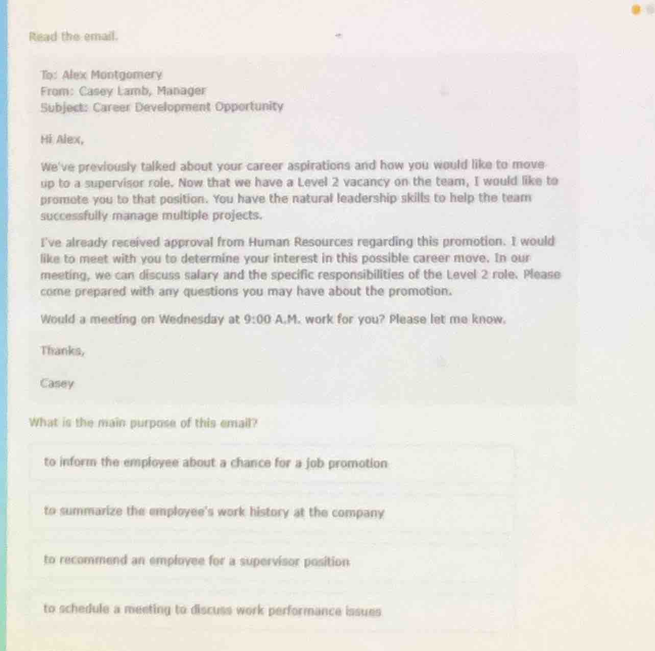 read the email. to: alex montgomery from: casey lamb, manager subject: …
