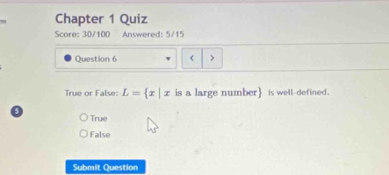 chapter 1 quiz score: 30/100 answered: 5/15 question 6 true or false: (…