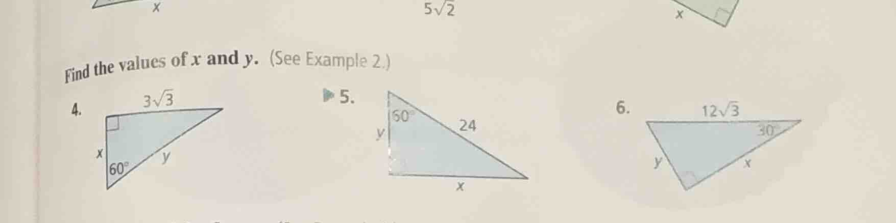 find the values of ( x ) and ( y ). (see example 2.) 4. 5. 6.