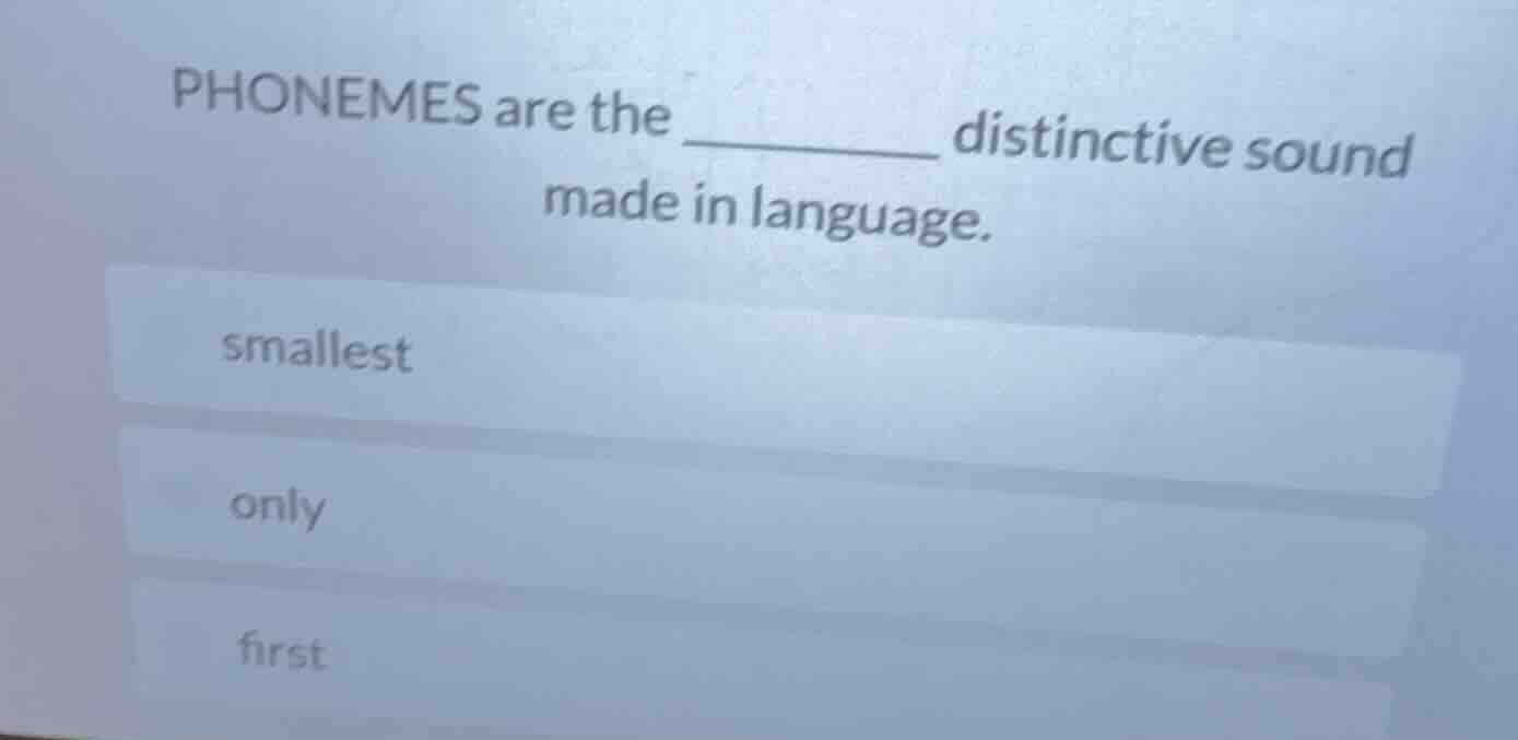 phonemes are the ______ distinctive sound made in language. smallest on…