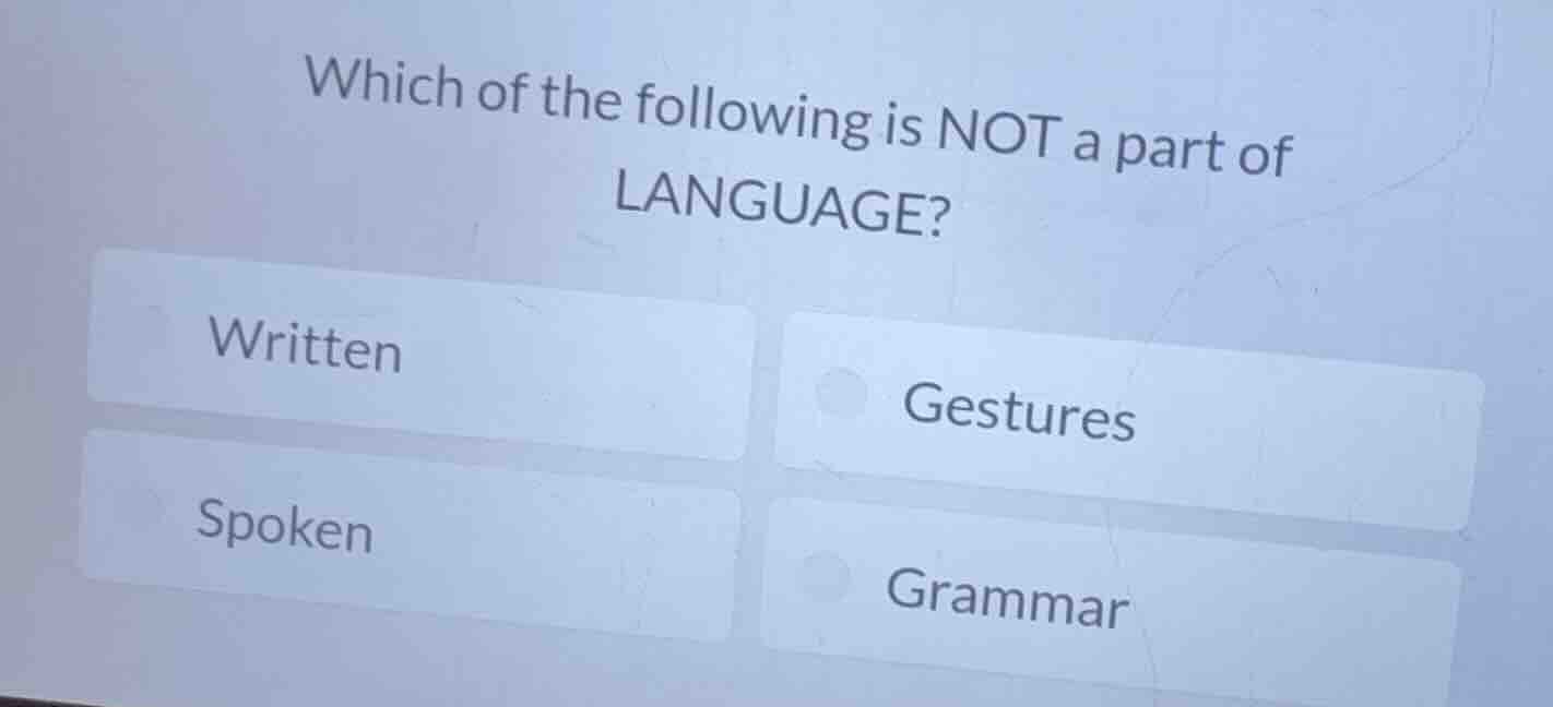 which of the following is not a part of language? written gestures spok…