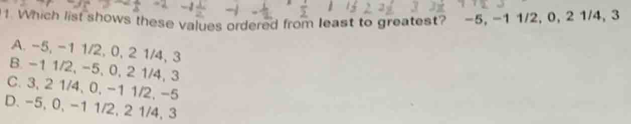 1. which list shows these values ordered from least to greatest? $-5, -…