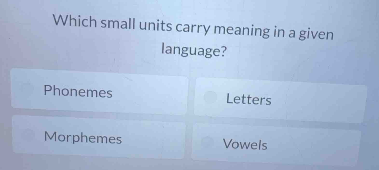 which small units carry meaning in a given language? phonemes letters m…