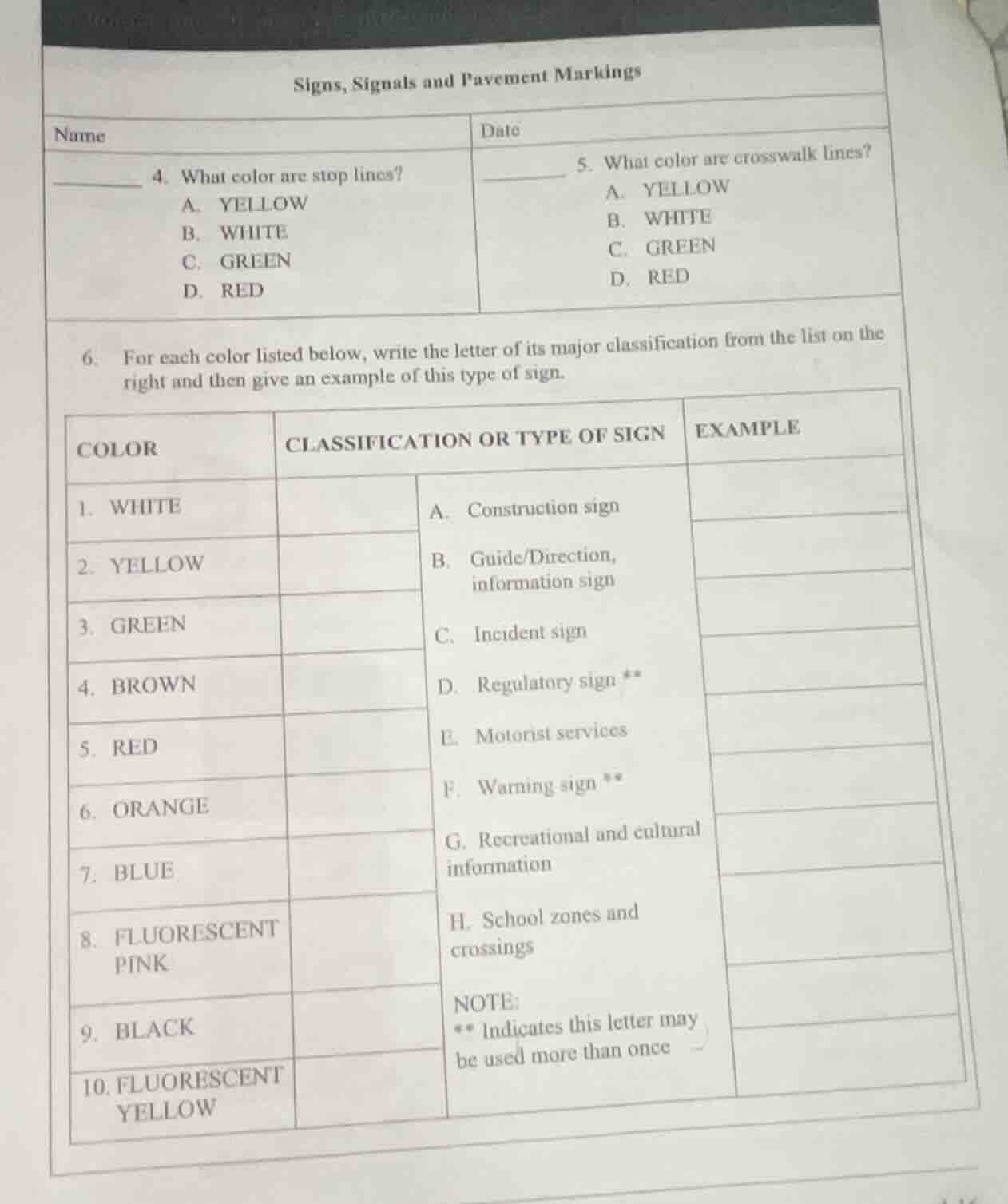 signs, signals and pavement markings name 4. what color are stop lines?…