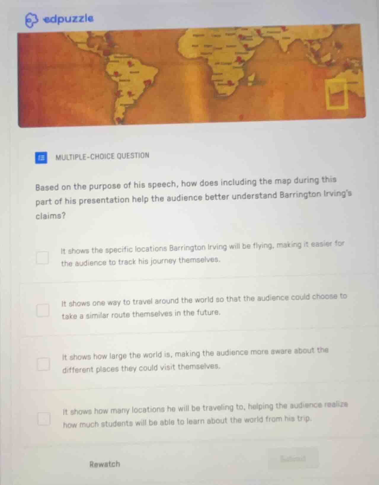 multiple-choice question based on the purpose of his speech, how does i…