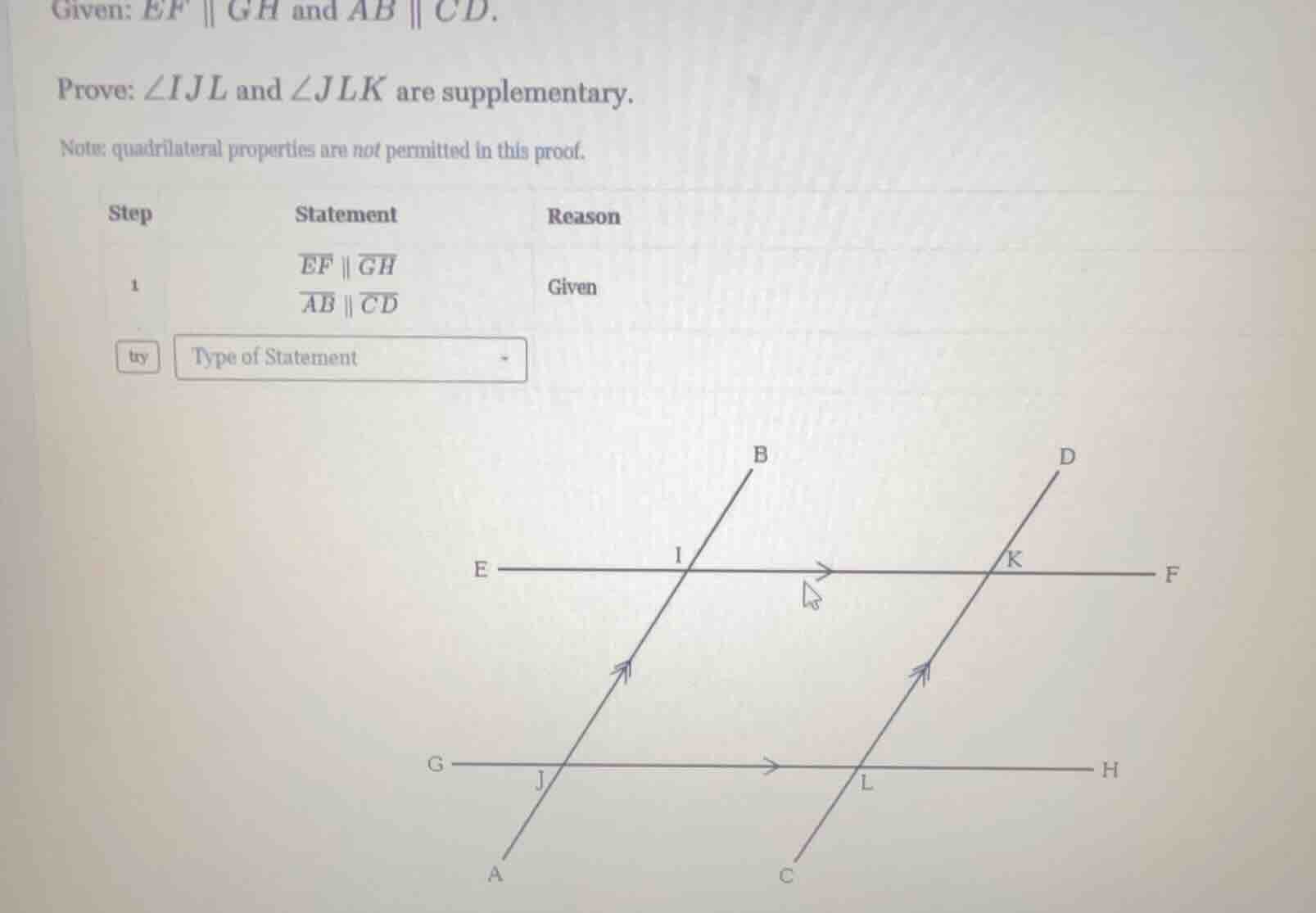 given: $ef \\parallel gh$ and $ab \\parallel cd$. prove: $\\angle ijl$ …