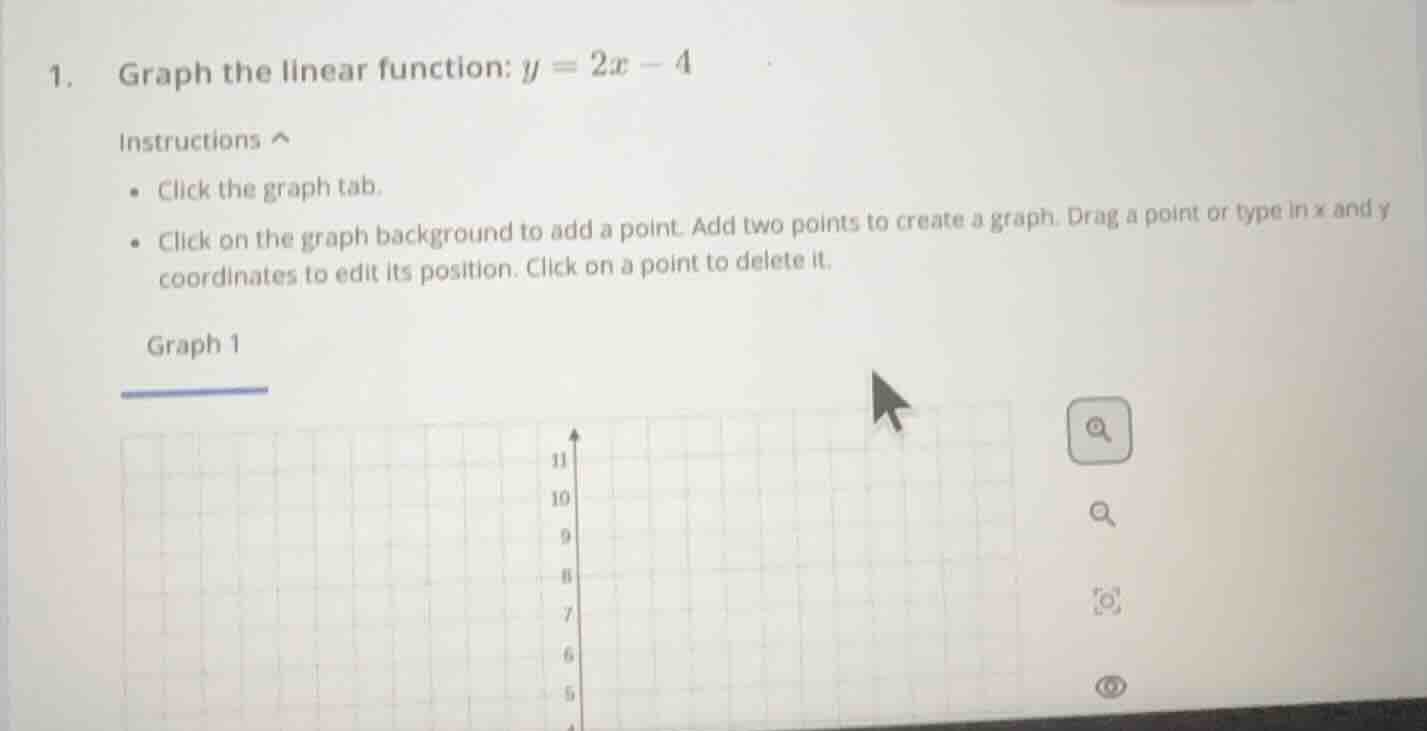 1. graph the linear function: $y = 2x - 4$ instructions - click the gra…