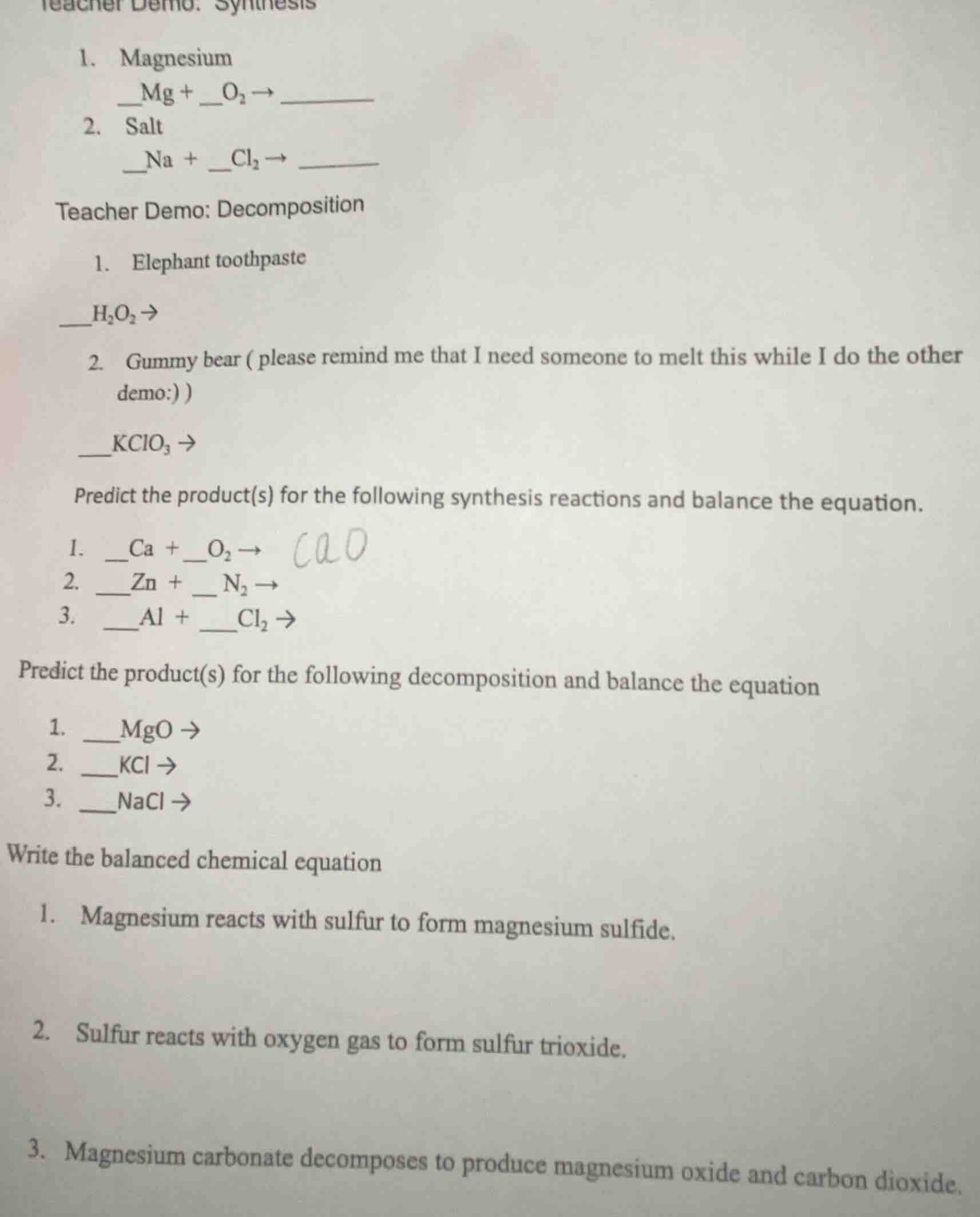 teacher demo: synthesis 1. magnesium __mg + __o₂ → _______ 2. salt __na…