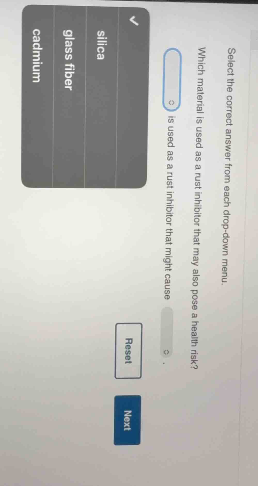 select the correct answer from each drop - down menu. which material is…