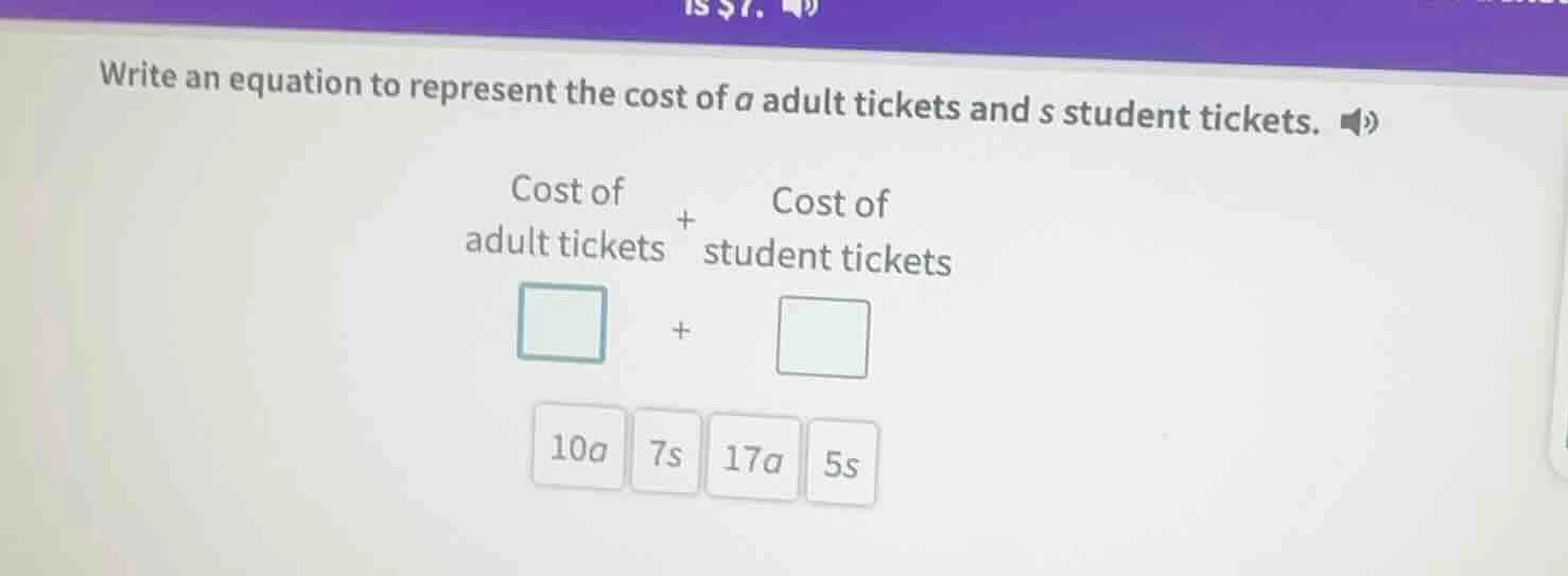 write an equation to represent the cost of a adult tickets and s studen…