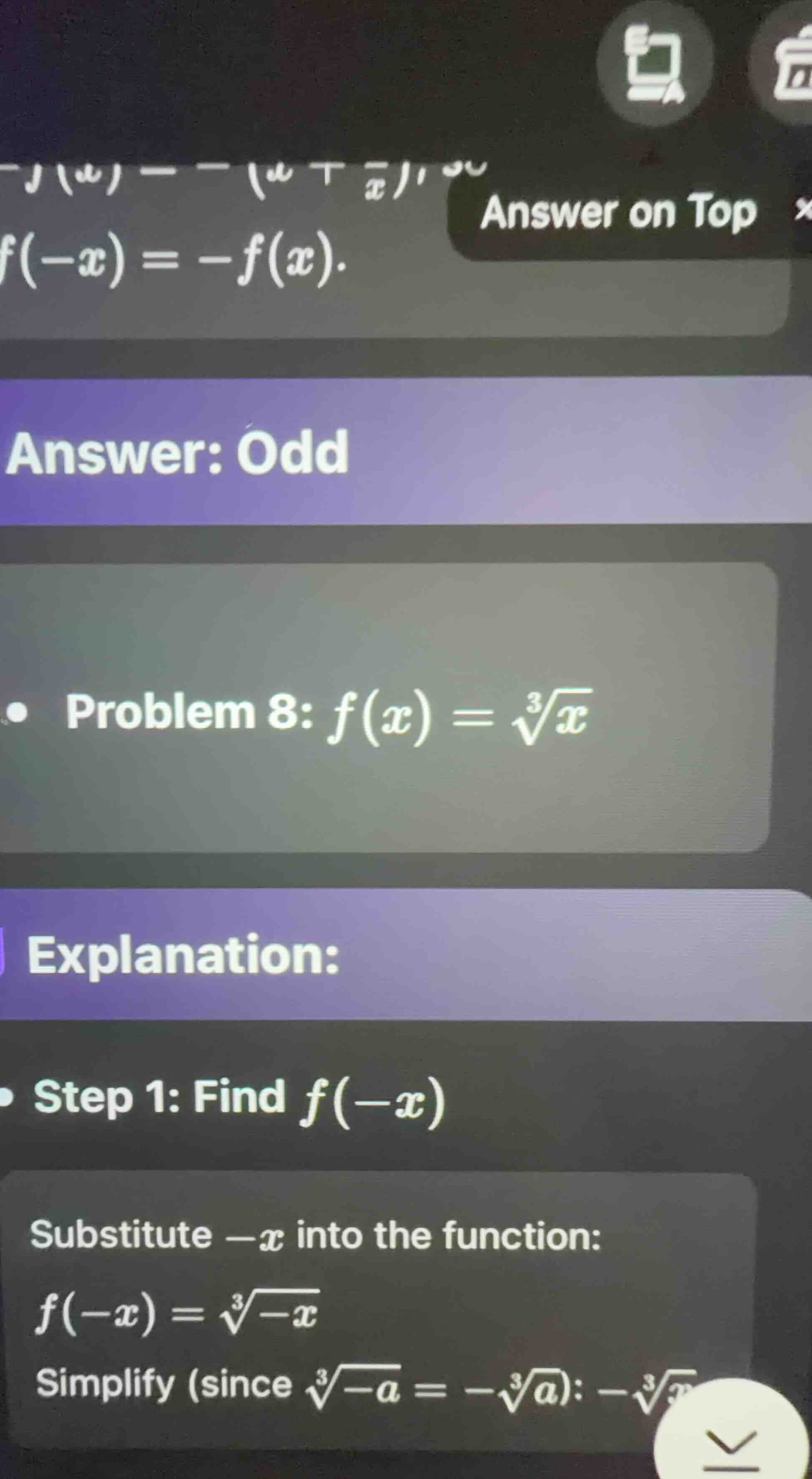 problem 8: $f(x) = sqrt3{x}$ explanation: step 1: find $f(-x)$ substitu…