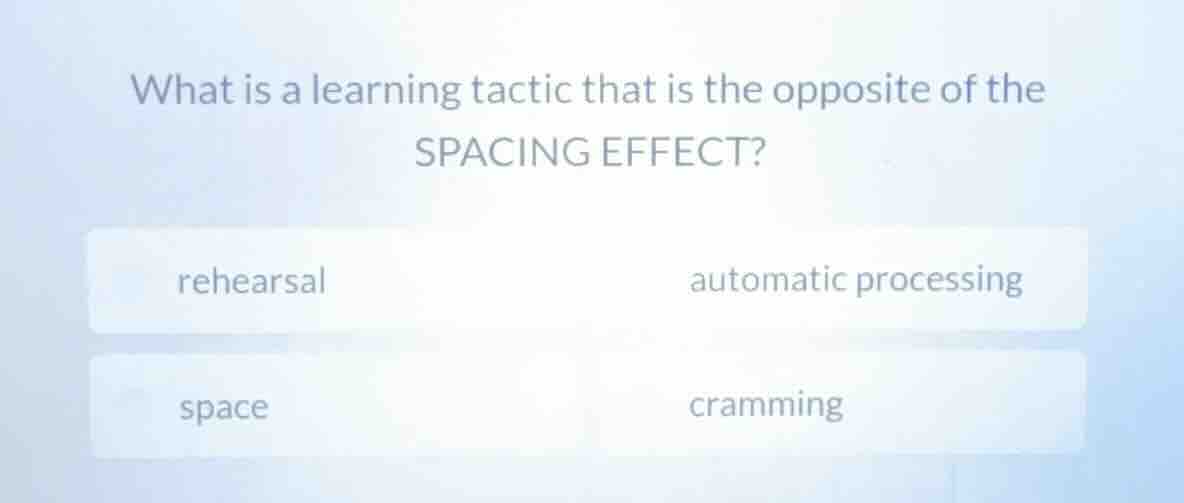 what is a learning tactic that is the opposite of the spacing effect? r…