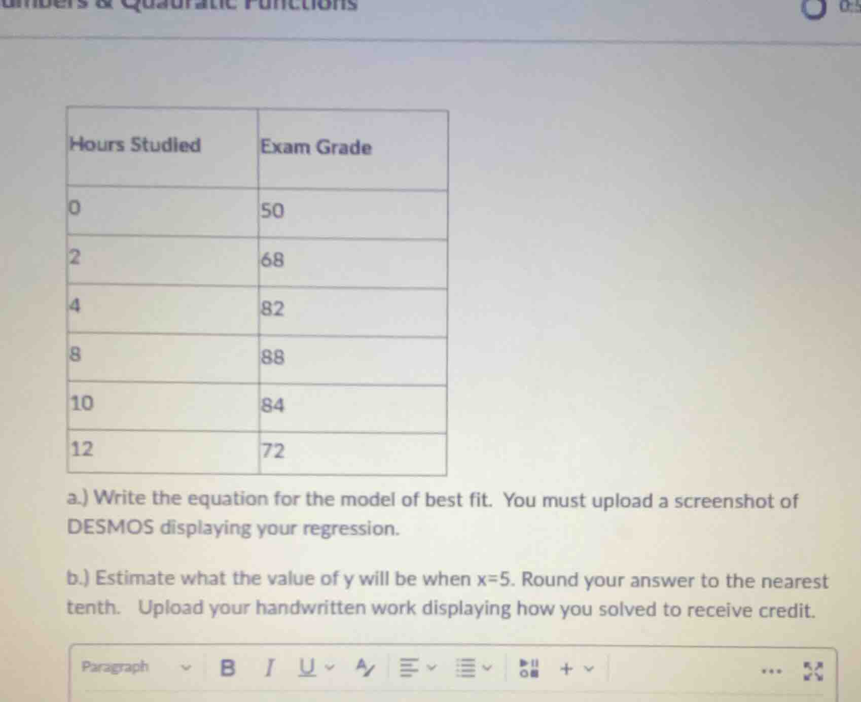 hours studied | exam grade 0 | 50 2 | 68 4 | 82 8 | 88 10 | 84 12 | 72 …