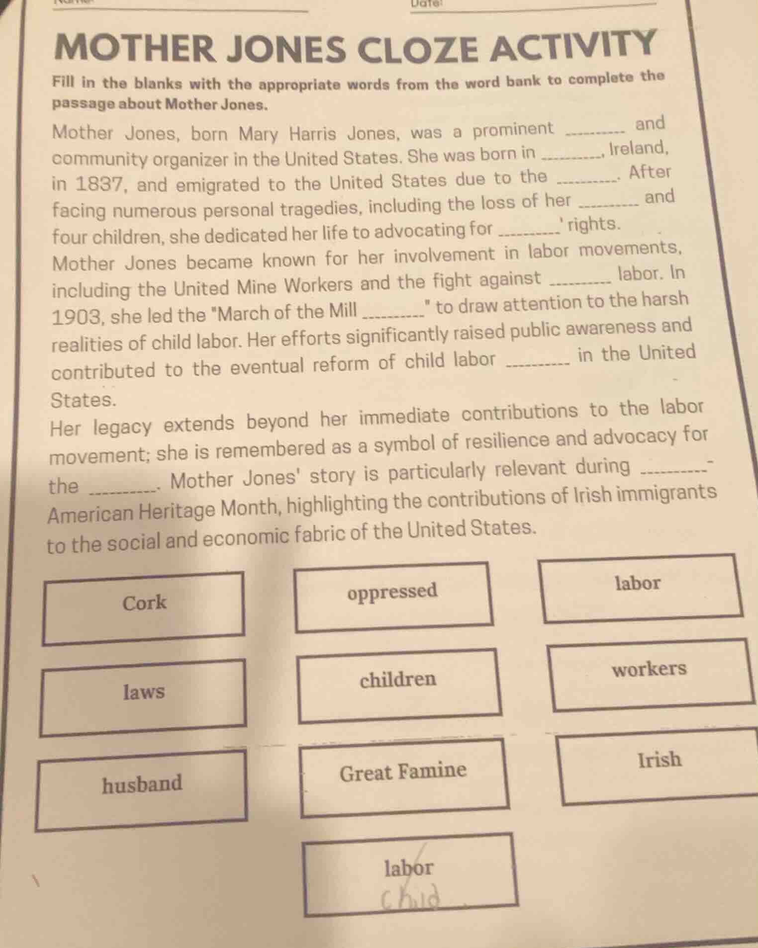 mother jones cloze activity fill in the blanks with the appropriate wor…