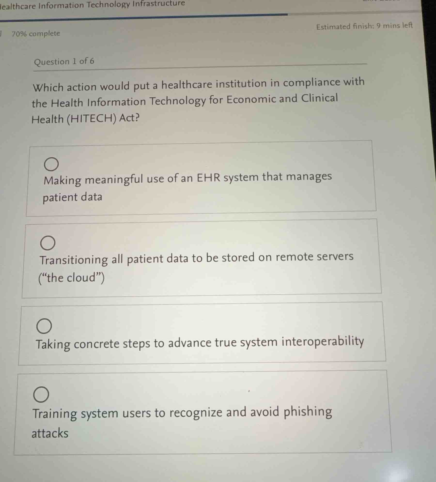 question 1 of 6 which action would put a healthcare institution in comp…
