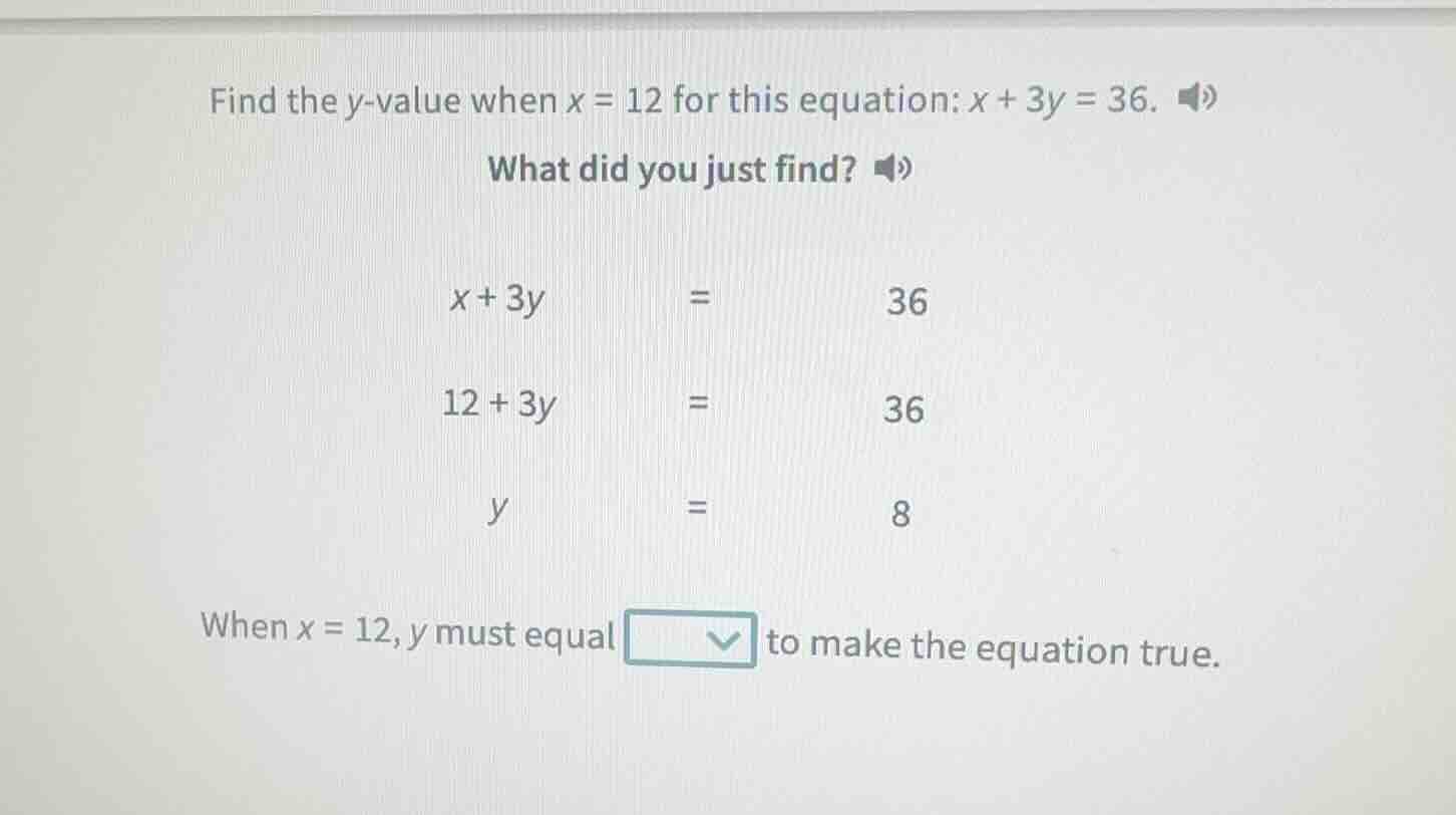 find the y - value when x = 12 for this equation: x + 3y = 36. what did…
