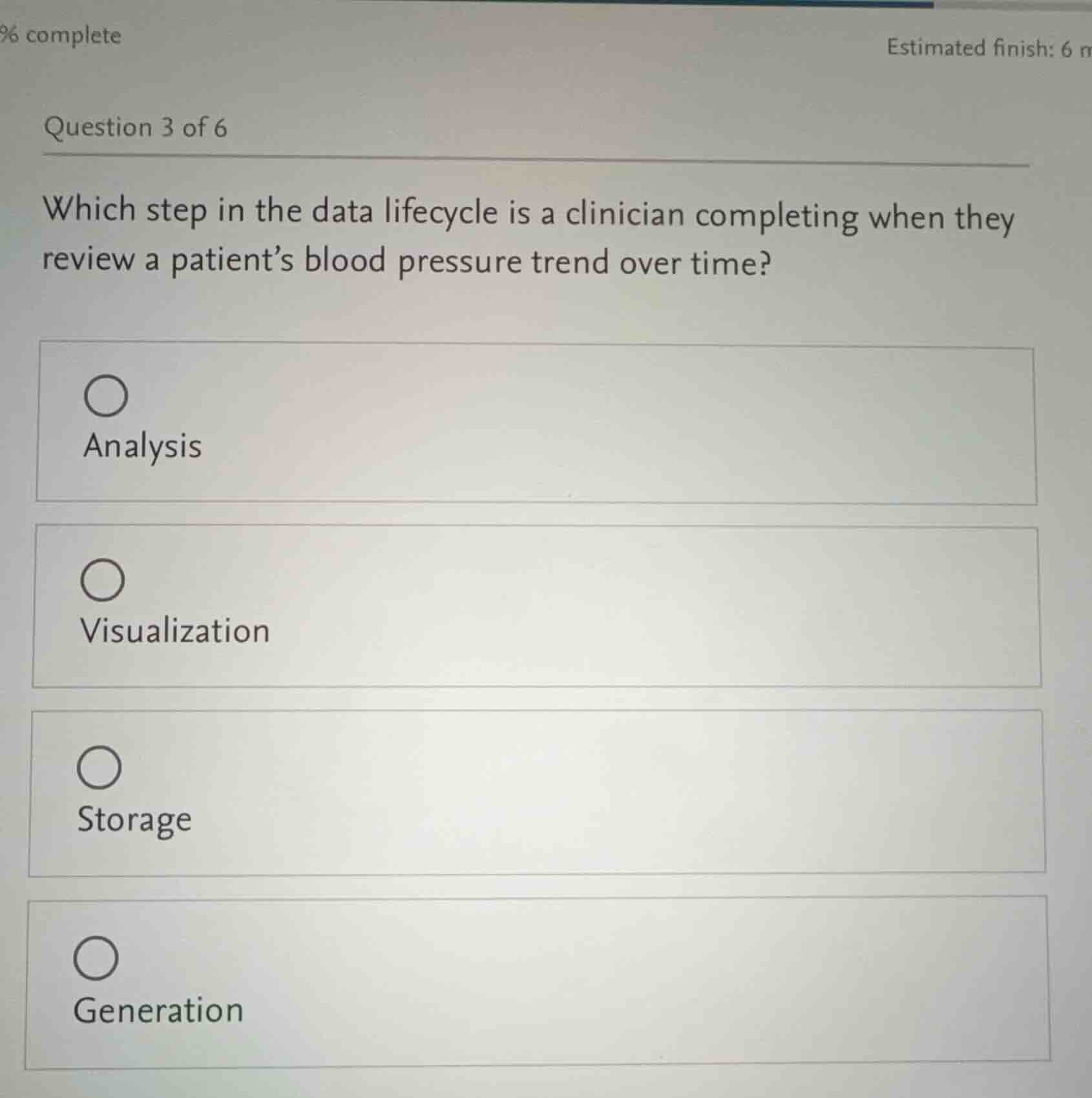 question 3 of 6 which step in the data lifecycle is a clinician complet…