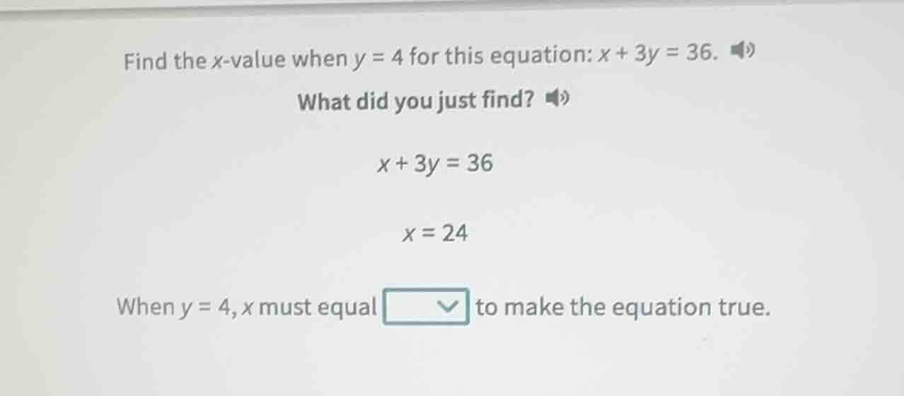 find the x - value when y = 4 for this equation: x + 3y = 36. what did …