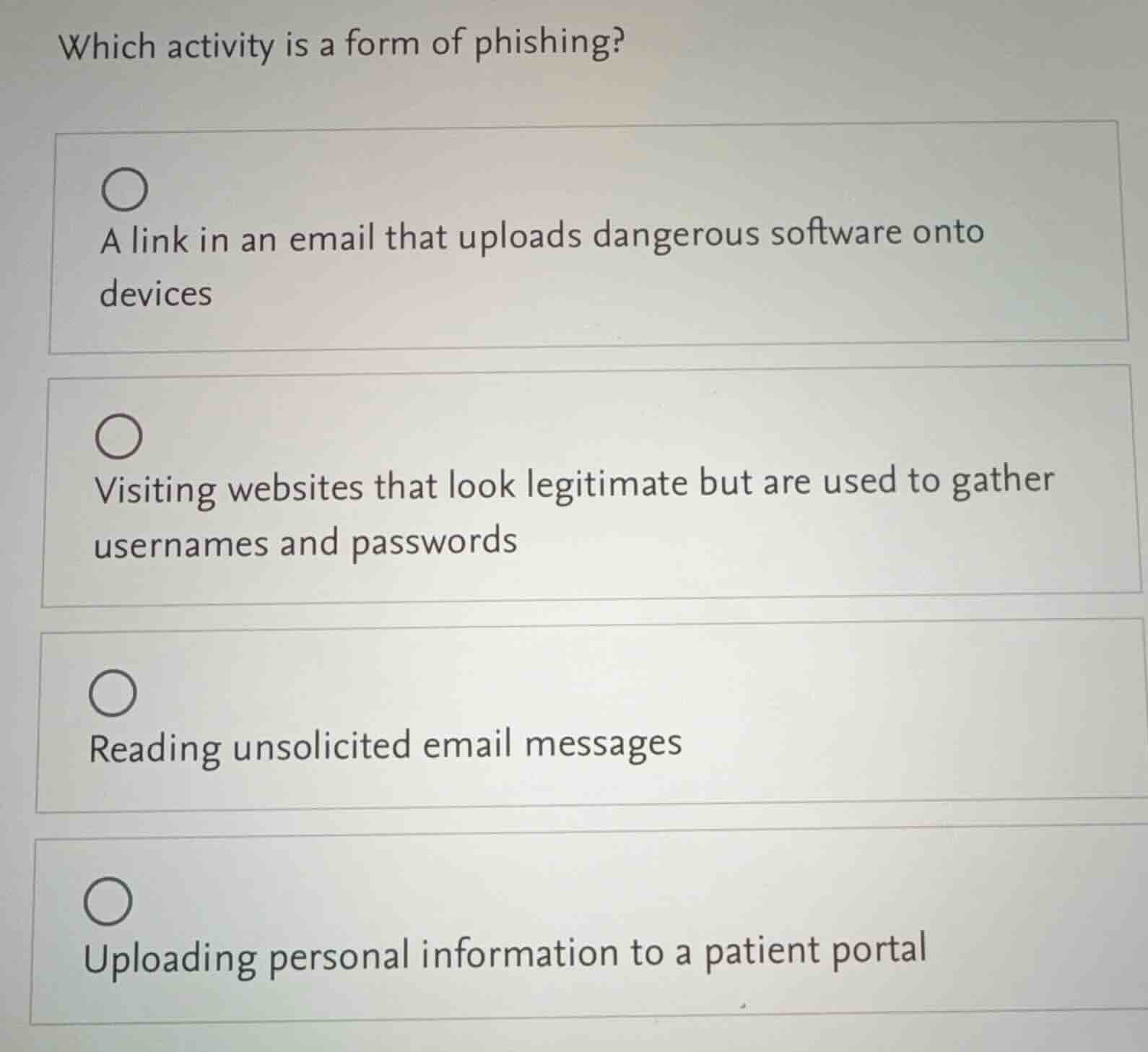 which activity is a form of phishing? a link in an email that uploads d…