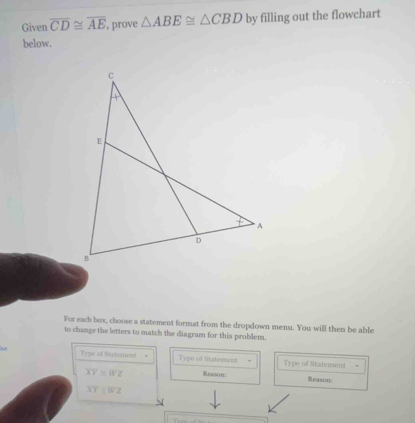 given \\(\\overline{cd} \\cong \\overline{ae}\\), prove \\(\\triangle a…