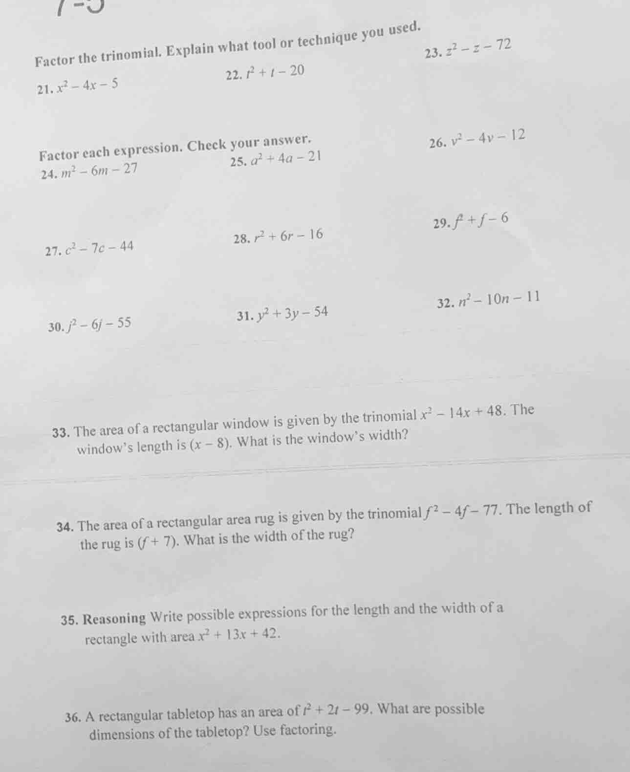 factor the trinomial. explain what tool or technique you used. 21. ( x^…
