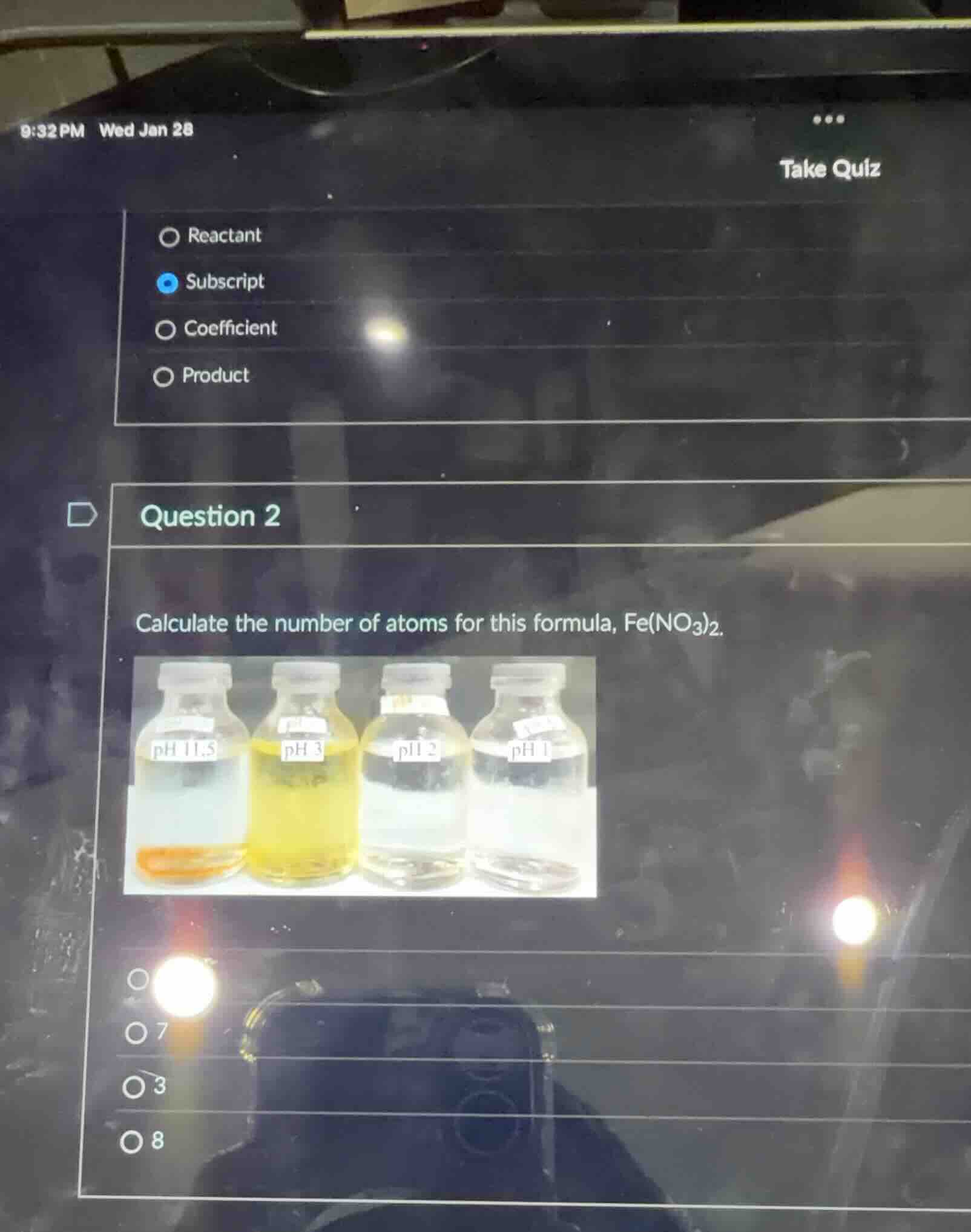 question 2 calculate the number of atoms for this formula, fe(no₃)₂.