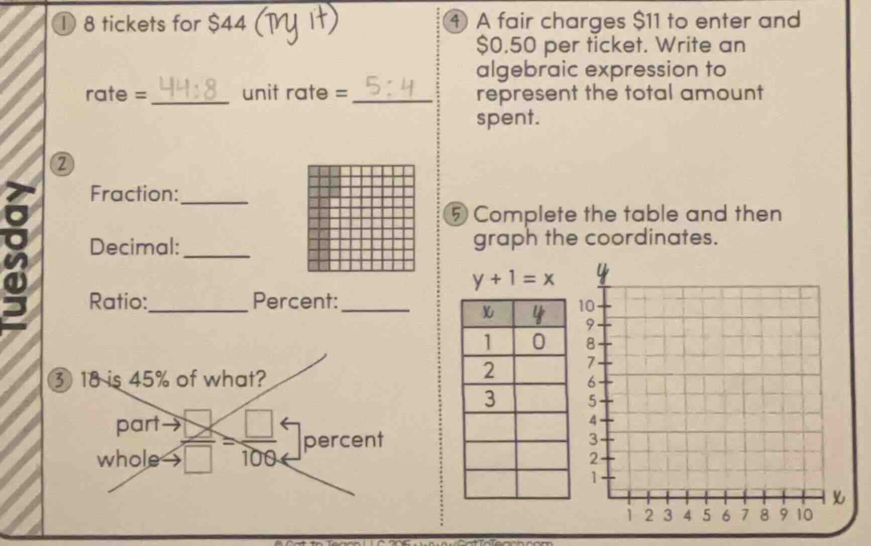1 8 tickets for $44 (try it) rate = _ unit rate = _ 2 fraction: _ decim…