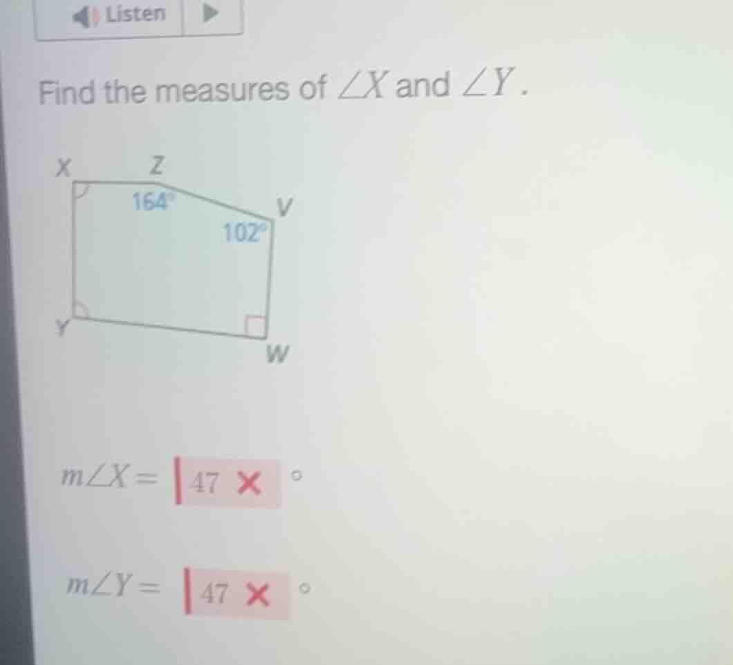 find the measures of $\\angle x$ and $\\angle y$. $m\\angle x= \\boldsy…