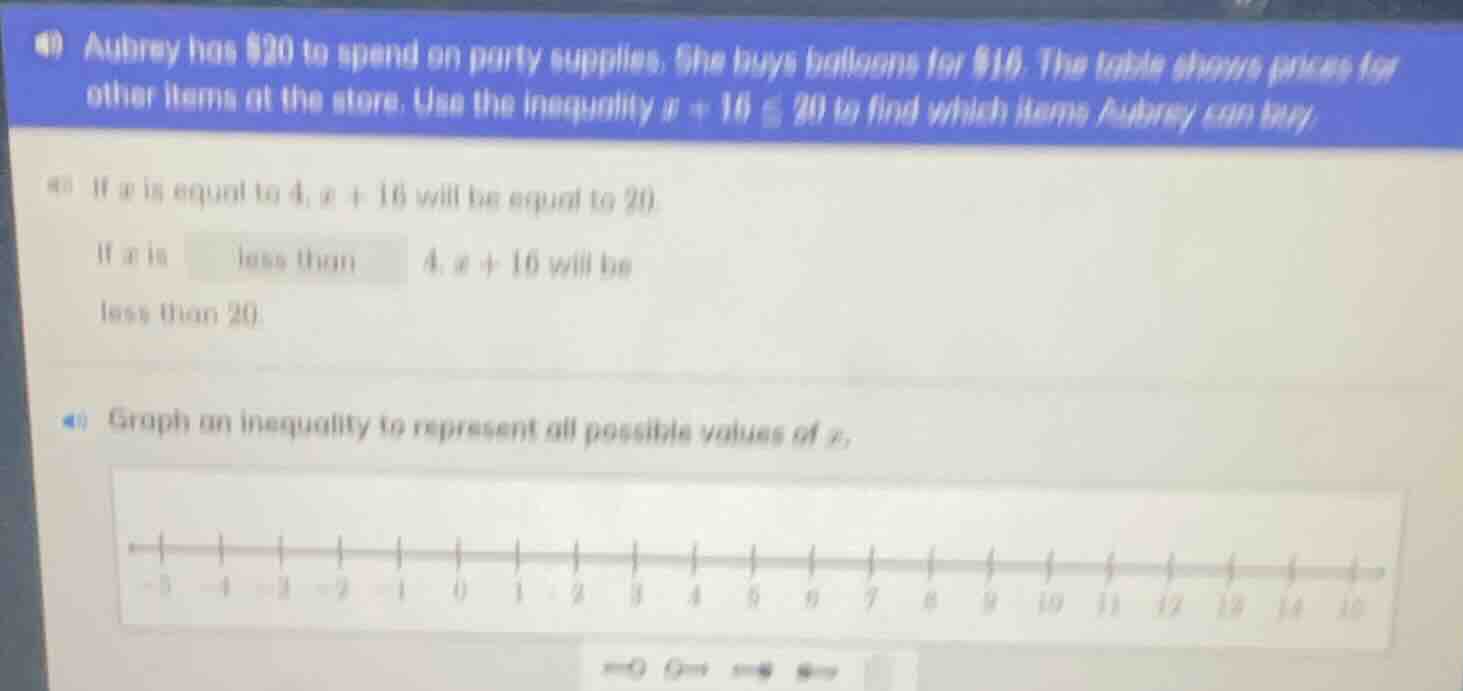 40 aubrey has $20 to spend on party supplies. she buys balloons for $16…